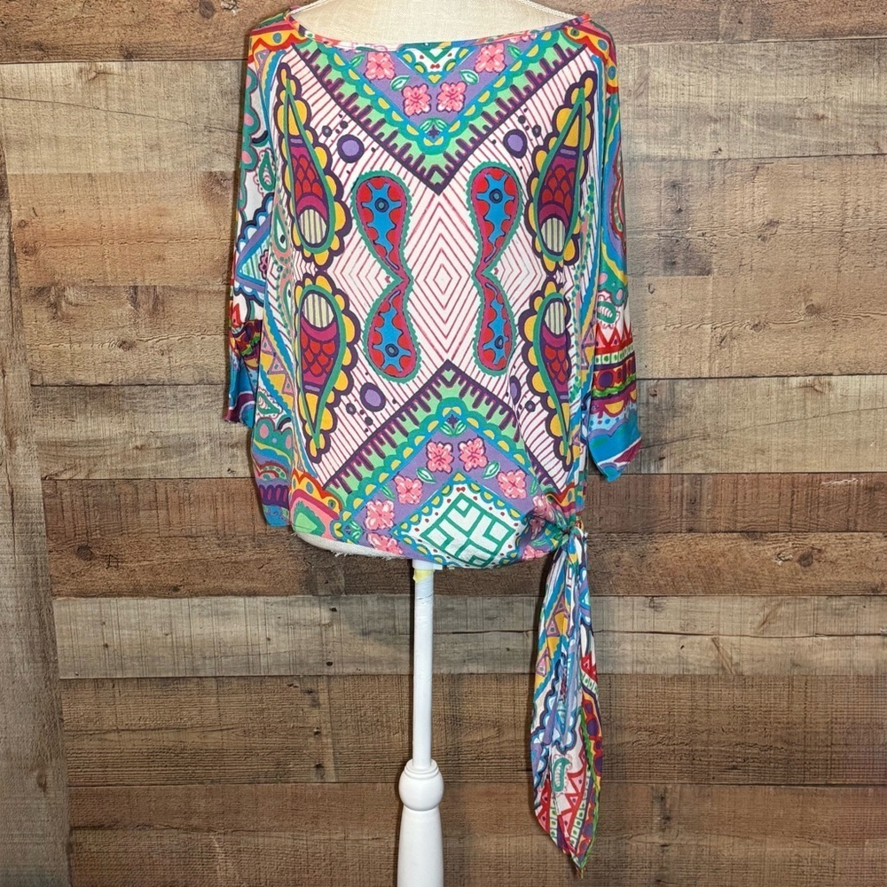 🌻 Analili Paisley Print Silk Tie Waist Boatneck Blouse Top size XS/S Retro Y2K